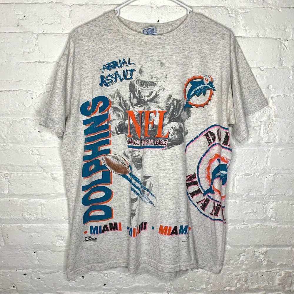 Vintage Salem Miami Dolphins AOP T Shirt Tee Size Large Heathered Gray‎